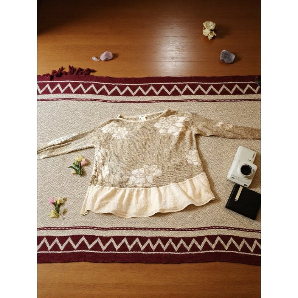Style & Co Floral Knit Sweater M – Boho Layered Hem Beige Pullover Top